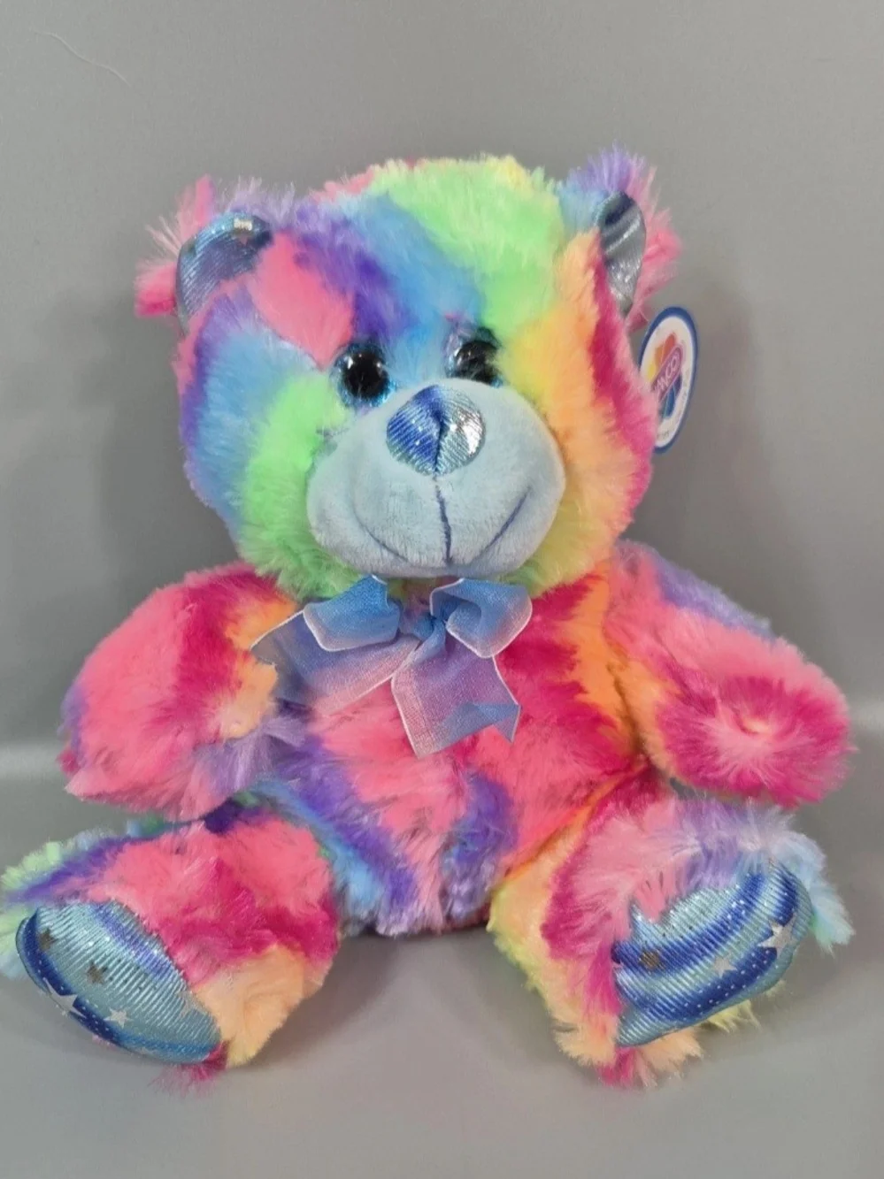 Nanco Plush Rainbow Teddy Bear Blue Bow Feet Nose Stars Sparkling Eyes